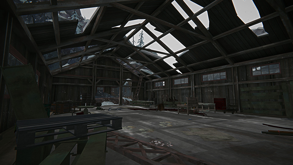 Interior of a dimly lit, abandoned warehouse with wooden beams, scattered industrial materials, and snow entering through broken roof panels.